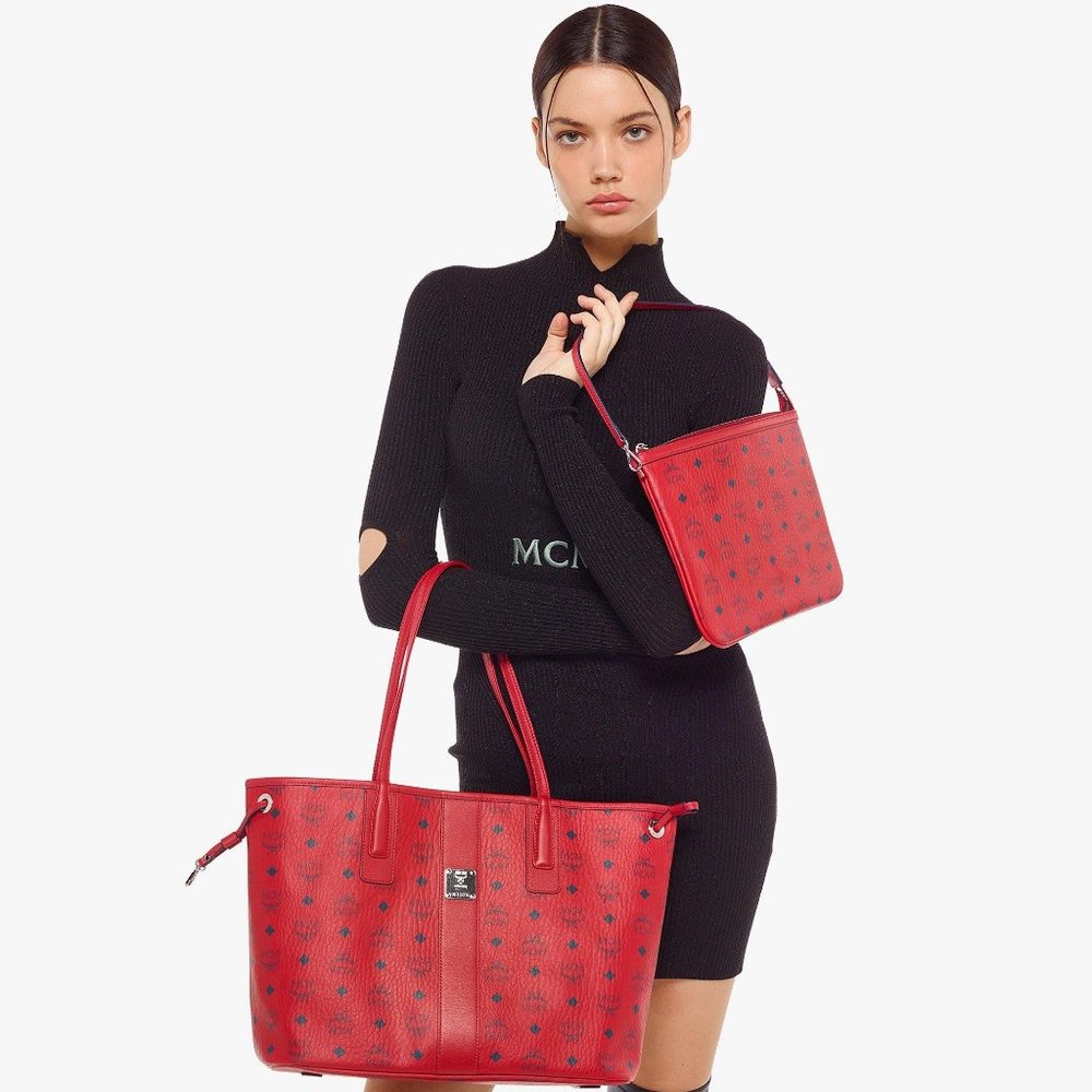 NWT MCM Reversible Medium Liz Shopper Tote, Red Logo/Gingham Pattern Combo